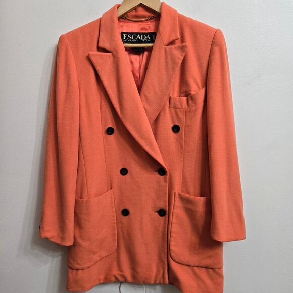 Vintage 90s Escada Women's Coral Orange Double-Breasted  Blazer Wool Blend - Picture 1 of 12